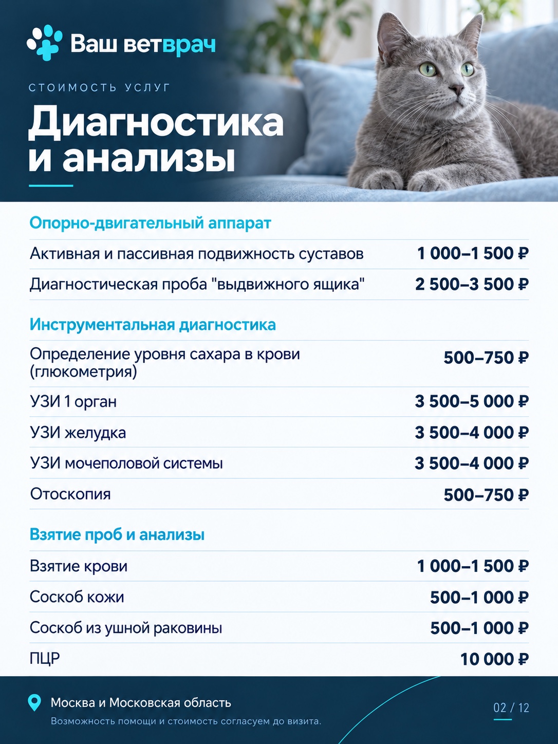 Услуги и цены: Диагностика и анализы. Текстовый список доступен под изображением.