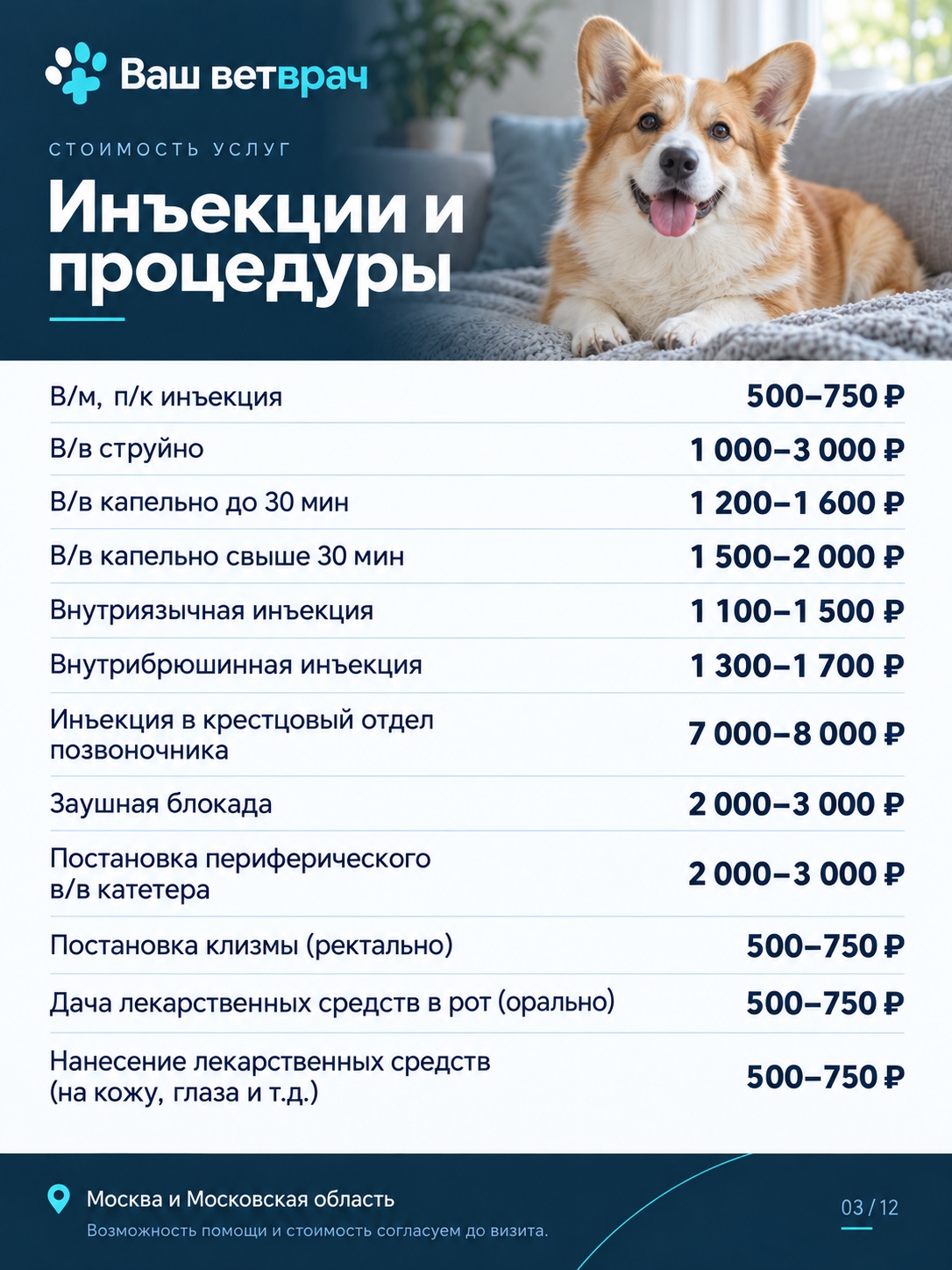Услуги и цены: Инъекции и процедуры. Текстовый список доступен под изображением.