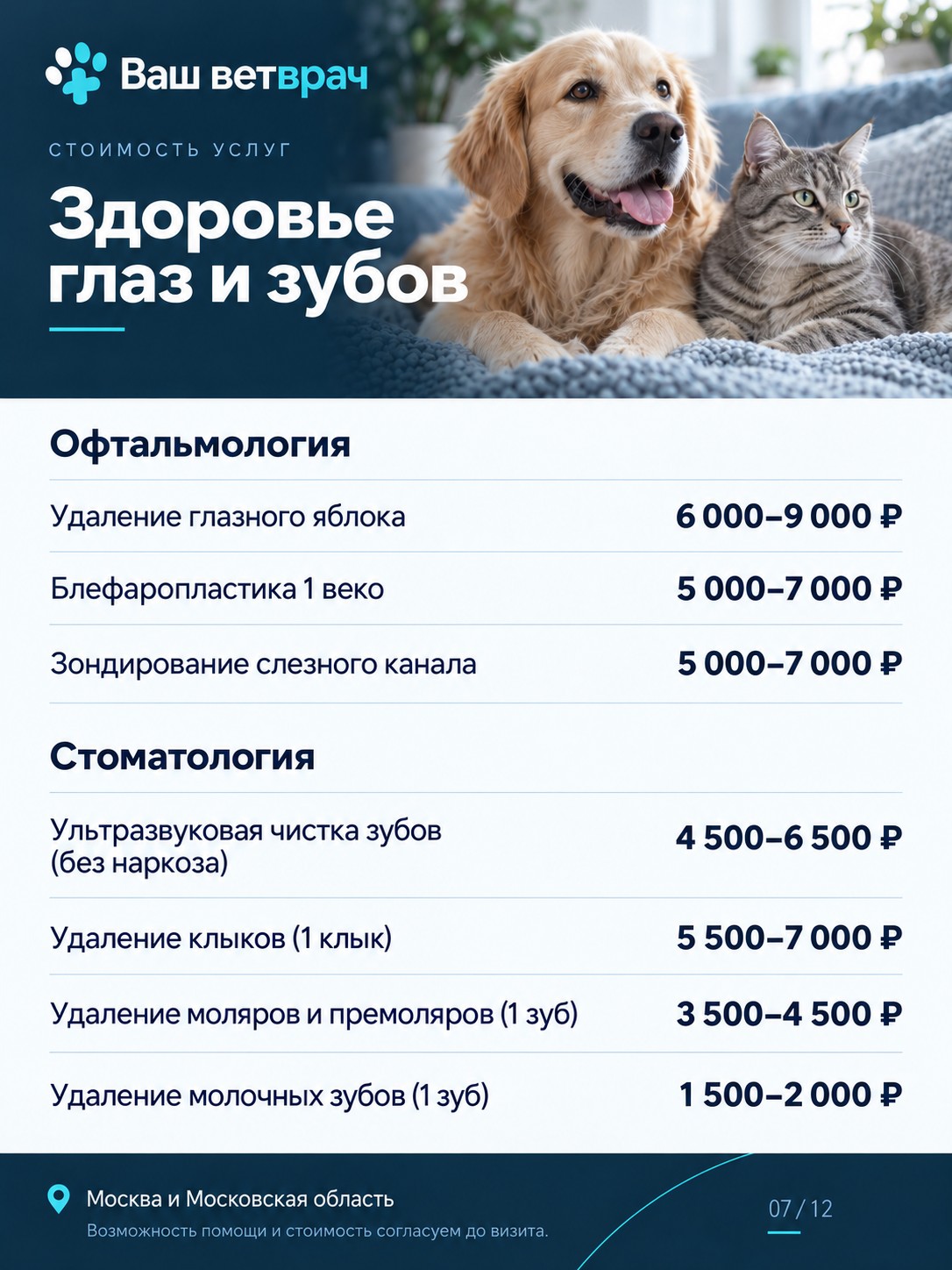 Услуги и цены: Здоровье глаз и зубов. Текстовый список доступен под изображением.