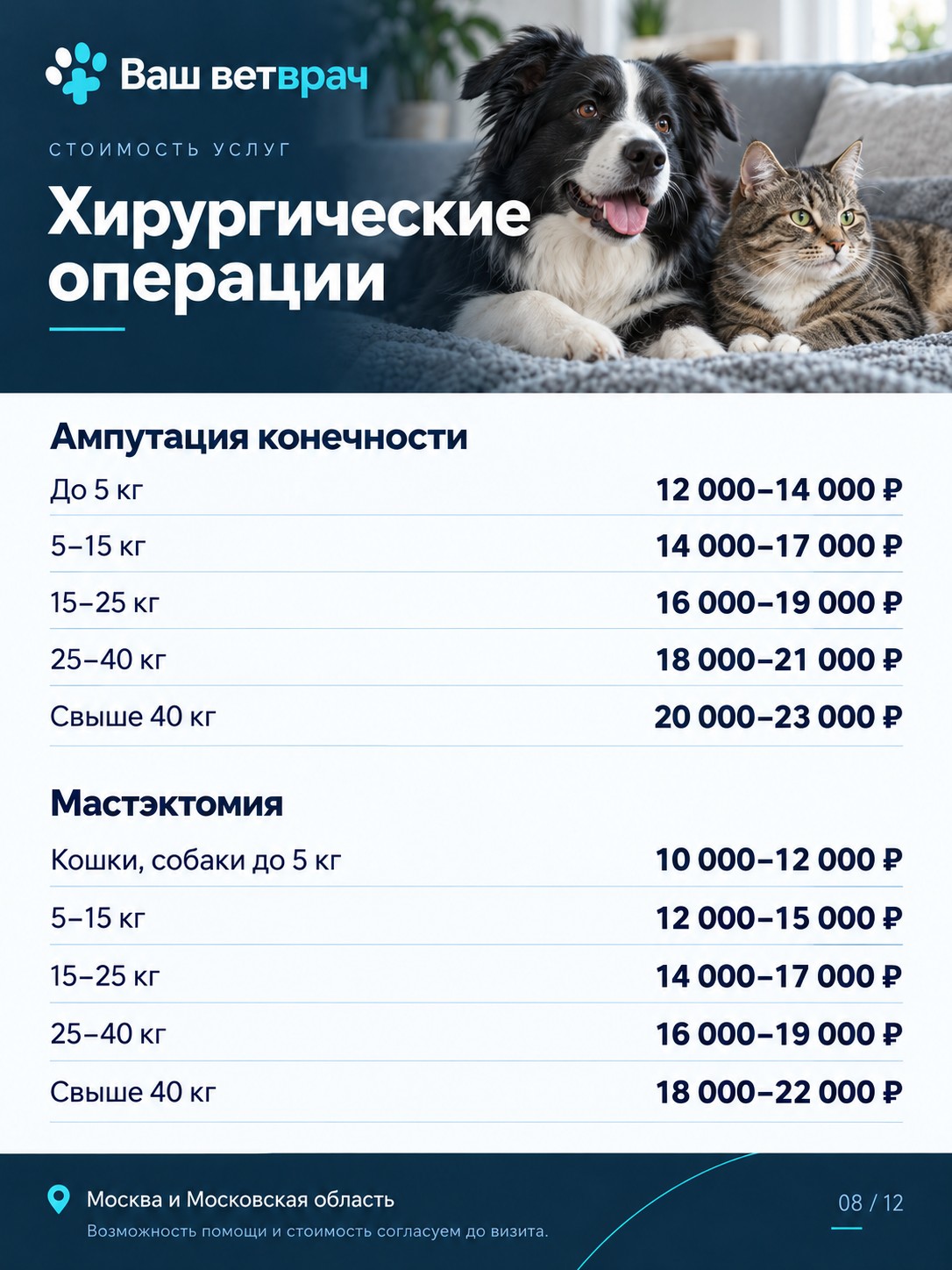 Услуги и цены: Хирургические операции. Текстовый список доступен под изображением.
