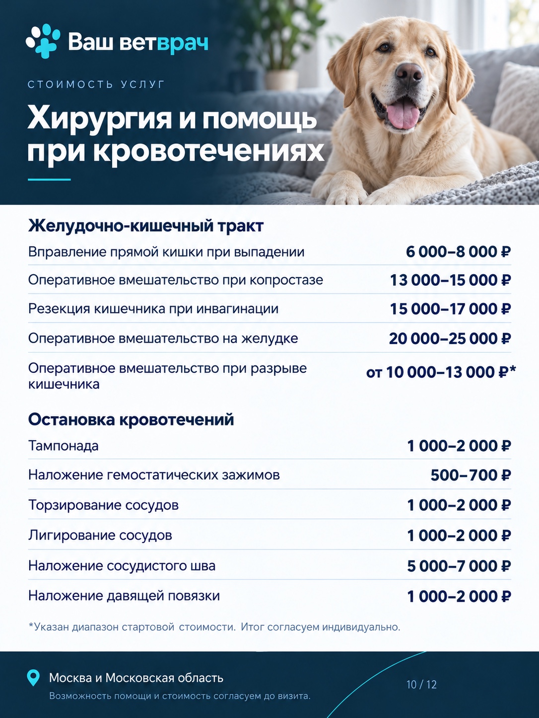 Услуги и цены: Хирургия и помощь при кровотечениях. Текстовый список доступен под изображением.